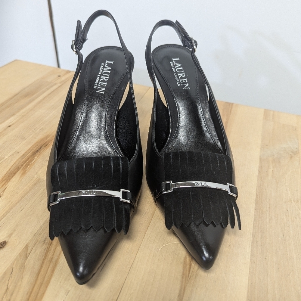 Lauren Ralph Lauren Latasha Black Kiltie Slingback Pointed Toe 7 Office NWOT